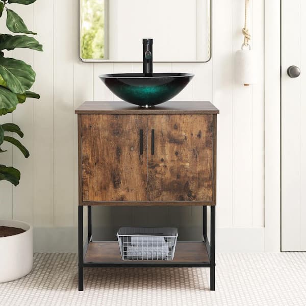 eclife 24 in. W x 20 in. D x 31.5 in. H Freestanding Bath Vanity in Brown with Single Ceramic Turquoise Top and ORB Faucet