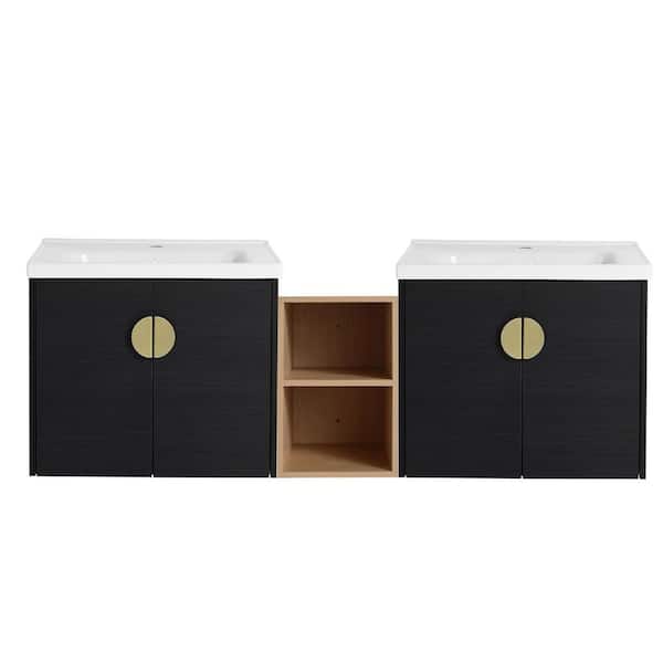 Boosicavelly 59.60 in. W 18.50 in. D 20.70 in. H Double Sink Wall Mounted Bath Vanity in Black Chestnut with White Ceramic Top