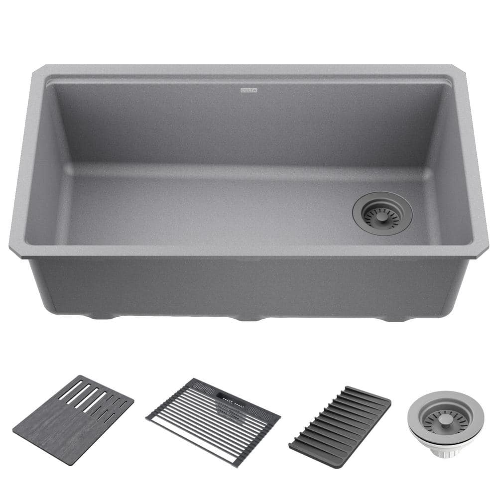 Delta Everest Dark Grey Granite Composite 33 in. Single Bowl Undermount Workstation Kitchen Sink with Accessories -  75B933-33S-DG