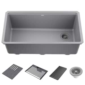 Everest Dark Grey Granite Composite 33 in. Single Bowl Undermount Workstation Kitchen Sink with Accessories