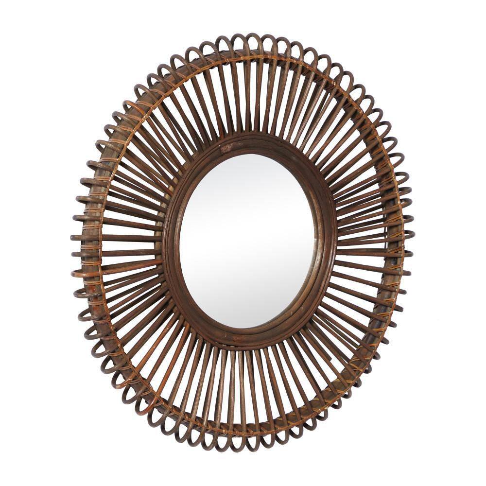 Sunburst Boho Chic Round Wall Mirror in Warm Brown Wood