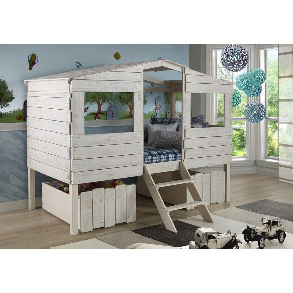 Rustic Sand Twin Pine Loft Bed with Storage Drawers