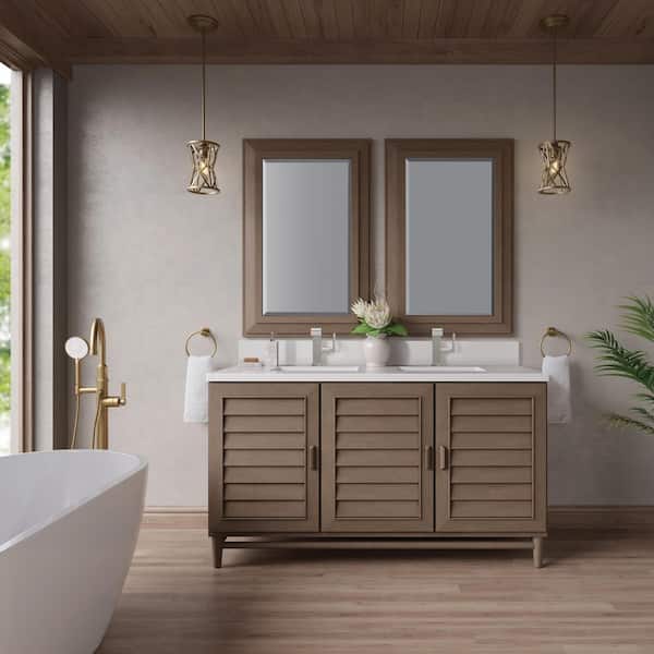 Portland 60.0 in. W x 23.5 in. D x 34.3 in. H Bathroom Vanity in Whitewashed Walnut with White Zeus Silestone Quartz Top