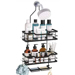 Shower Caddy over Shower Head, Rustproof & Waterproof Shower Shelf with 4 Movable Hooks， in black