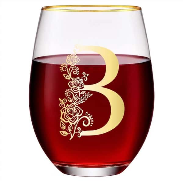 15 oz. Floral Monogram Gold-Rim Engraved Stemless Personalized Wine Glass Letter B (Single Count) Home