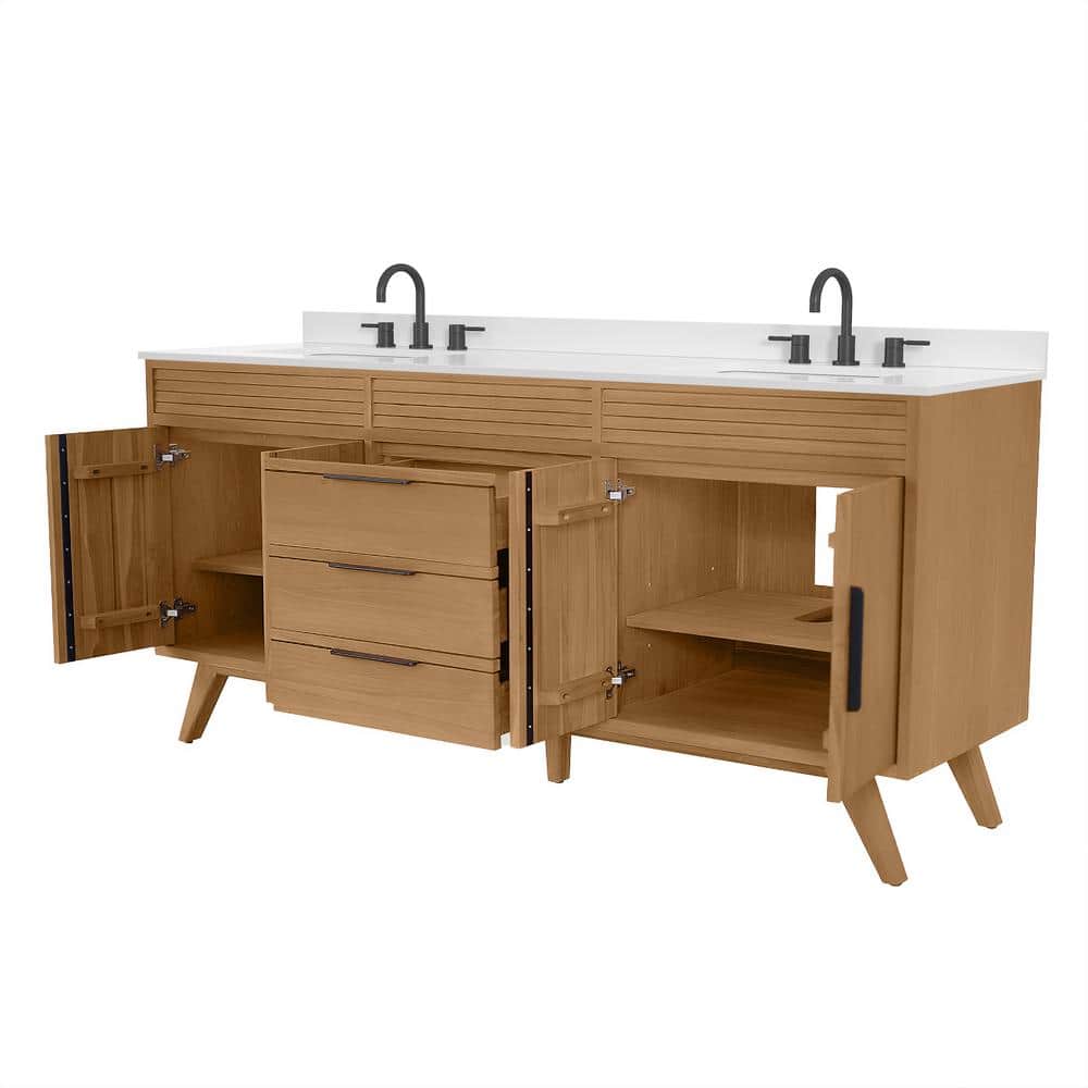 Taylor 73" Natural Teak Double Sink Vanity with White Quartz Top