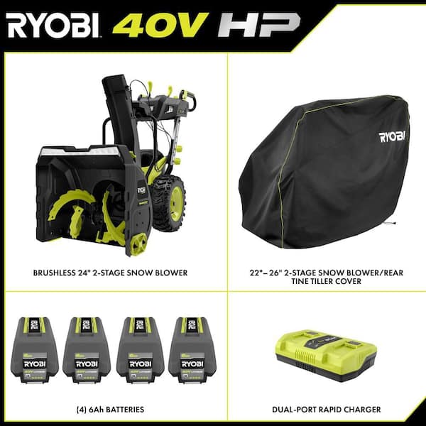 40V HP Brushless Whisper Series 24" 2-Stage Electric Self-Propelled Snow Blower w/ Cover, (4) 6 Ah Batteries, & Charger