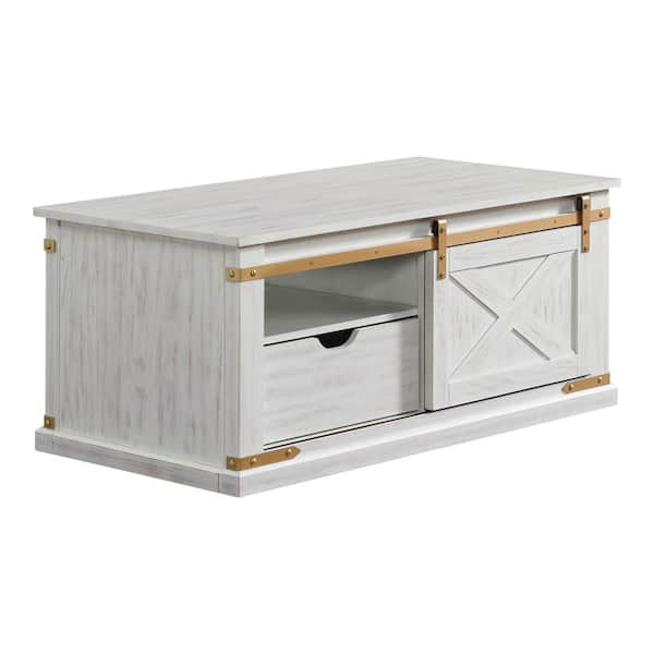 Sueli 48 in. Antique White and Gold Rectangle Wood Coffee Table with Barnyard Design