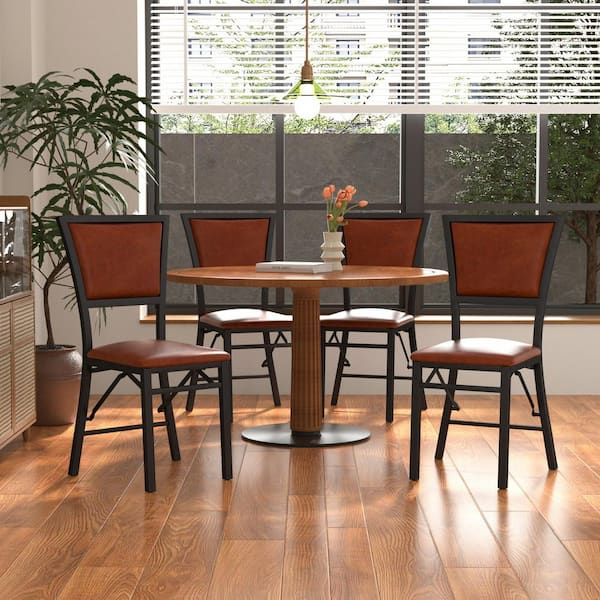 VECELO Foldable Dining Chairs Set of 4 Space-Saving, No Assembly Heavy-Duty Metal Frame, Brown Kitchen and Living Room Chairs