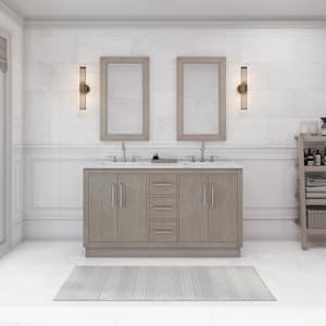 Hugo 60 in. W x 22 in. D Bath Vanity in Grey Oak with Marble Vanity Top in White with White Basin, Faucet and Mirror