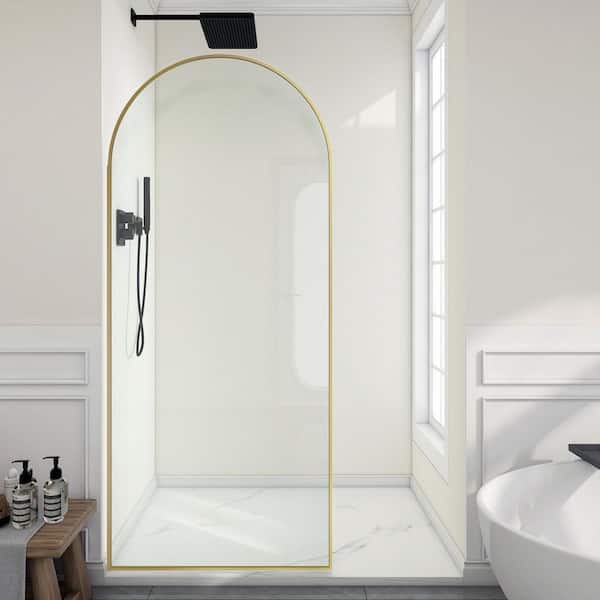 Ember Series 34 in. W x 78 in. H Fixed Framed Shower Door in Brushed Gold Finish with Clear Glass