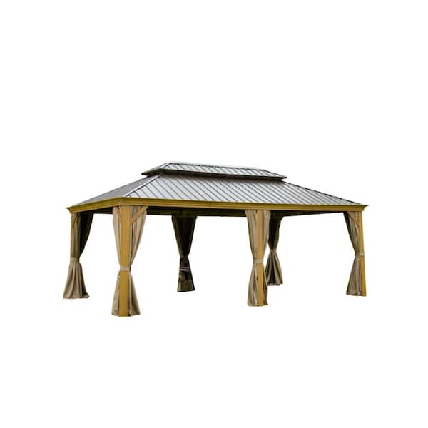 14x20 ft. Hardtop Gazebo, Metal Double Roof, Aluminum Frame, Curtains & Netting, Large Pavilion, Wood-Looking