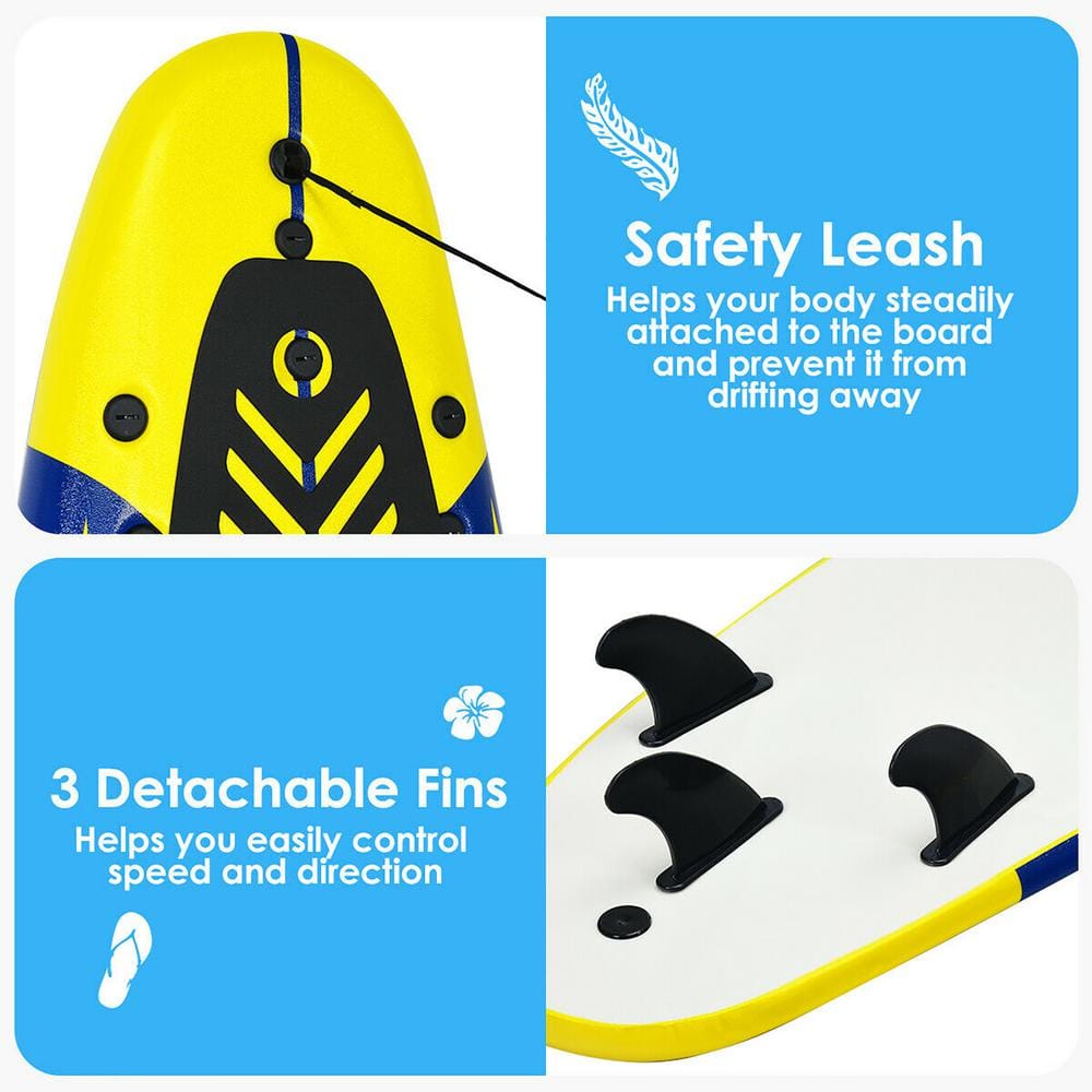 Yellow and Blue Foam Surfboard with Fins and Leash