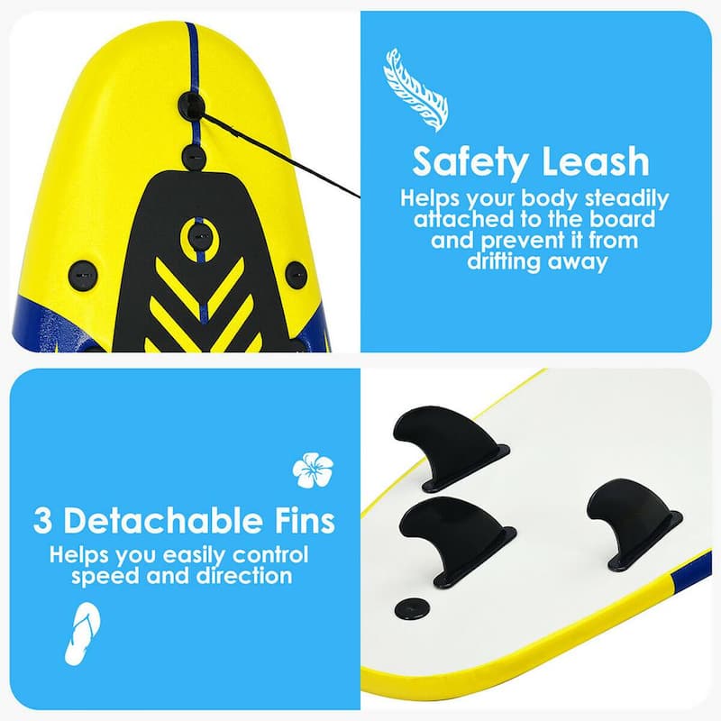 72 in. Yellow Surfboard Foamie Body Surfing Board W/3 Fins & Leash for Kids Adults