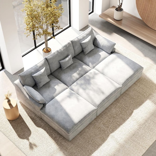 119 in. W Square Arm Linen Upholstered Rectangle 3-Seater Sectional Sofa with 3-Ottoman in Gray