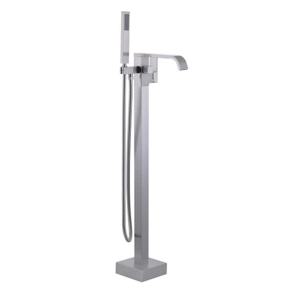 WOWOW Waterfall Single-Handle Freestanding Tub Faucet with Handshower, Brass Floor Mounted Tub Filler Faucet in Brushed Nickel