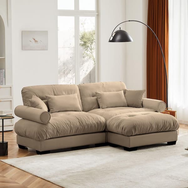 Dalton 93.7 in. Velvet Upholstered L Shape Sectional Sofa in. Brown with Ottoman, Blostered Armrests, Pillows, Camel