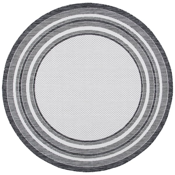 Courtyard Ivory/Black 5 ft. x 5 ft. Solid Color Striped Indoor/Outdoor Round Area Rug