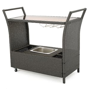 Outdoor Patio with Wheels Black PE Wicker Bar Cart with Tempered Glass Top and Ice Bucket