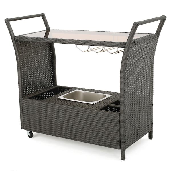 Tunearary Outdoor Patio with Wheels Black PE Wicker Bar Cart with Tempered Glass Top and Ice Bucket