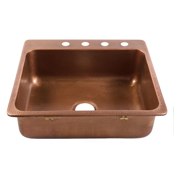 Angelico 25 in. 4-Hole Drop-In Single Bowl 17 Gauge Antique Copper Kitchen Sink