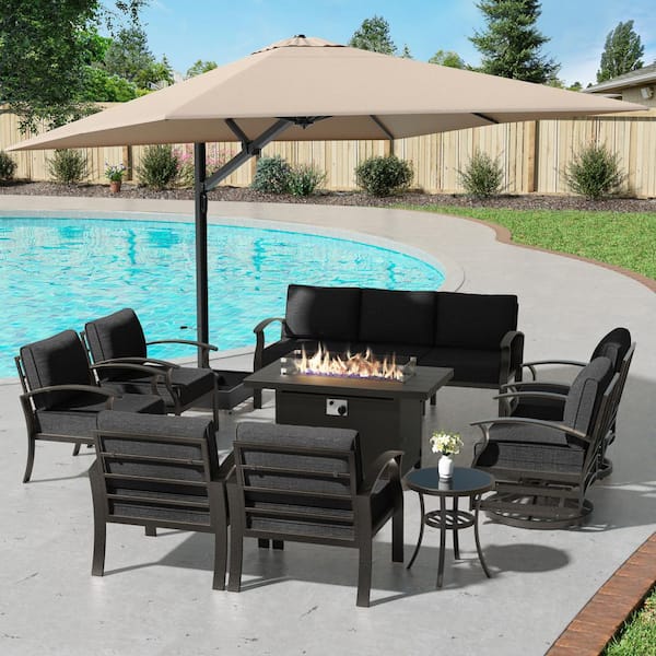 10-Piece Aluminum Patio Conversation Set with Armrest, Firepit Table, Swivel Chairs, Roman Umbrella and Black Cushions
