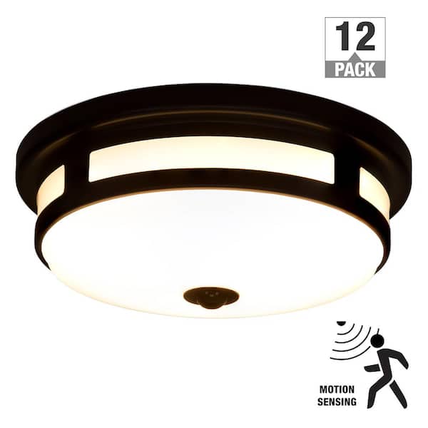 Hampton Bay Greenhaven 11 in. 1-Light Matte Black Motion Sensing LED Outdoor Ceiling Light Flush Mount Adjustable CCT (12-Pack)