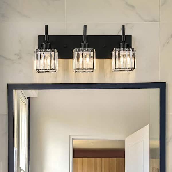 Orillia 19.3 in. 3-Light Black Crystal Bathroom Vanity Light with Shades for Bathroom Powder Room Kitchen