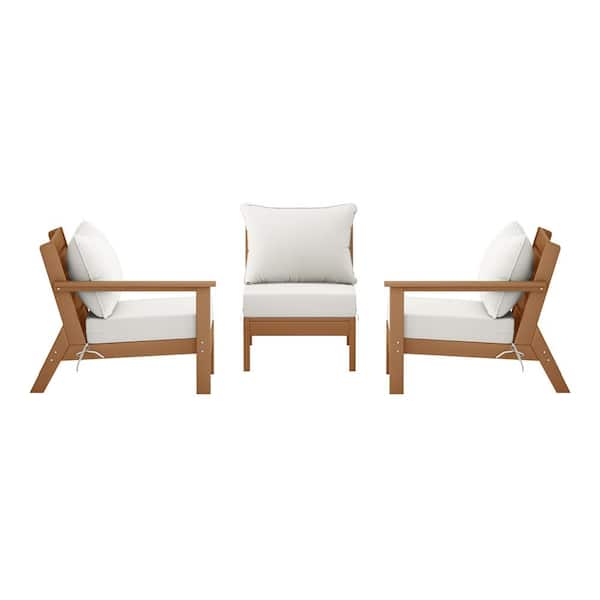 WESTIN OUTDOOR Birchwood Teak Arrangeable Outdoor Patio 3-Piece Deep Seating HDPE Sofa Arm Chair Set w/ White Cushions