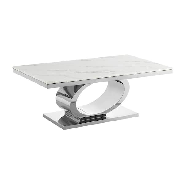 Best Quality Furniture Megan 55 in. White Rectangle Marble Top Coffee Table with Stainless Steel Base