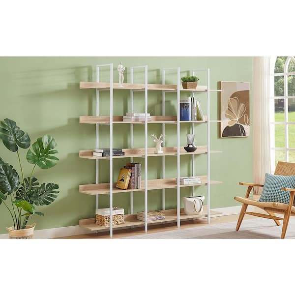 70.9 in. Tall Oak 5-Tier Home Office Bookshelf, MDF 5-Shelf Vintage Industrial Style Bookcase with Open Storage