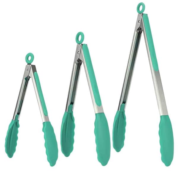 U-Taste 7/9/12 in. Silicone Cooking Tong Set with Rubber Tips and Si-Coated SS Handle, 600ºF Heat Resistant, Teal