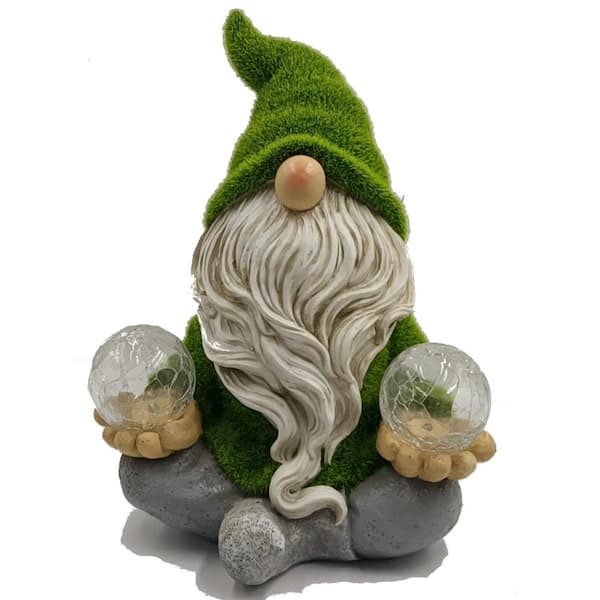 Unbranded Solar 12 in. Bearded Grassy Meditation Gnome in Green/White with Dual Orbs