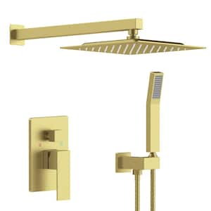 Single Handle 2-Spray Shower Faucet 2 GPM with Drip Free, Wall Mount 10 in. Head Shower with Hand Shower in Brushed Gold