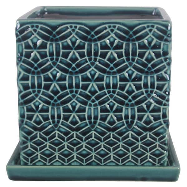 Trendspot 6 in. Finley Small Ceramic Planter (6 in. D x 7 in. H) with Attached Saucer Blue Decorative Pot