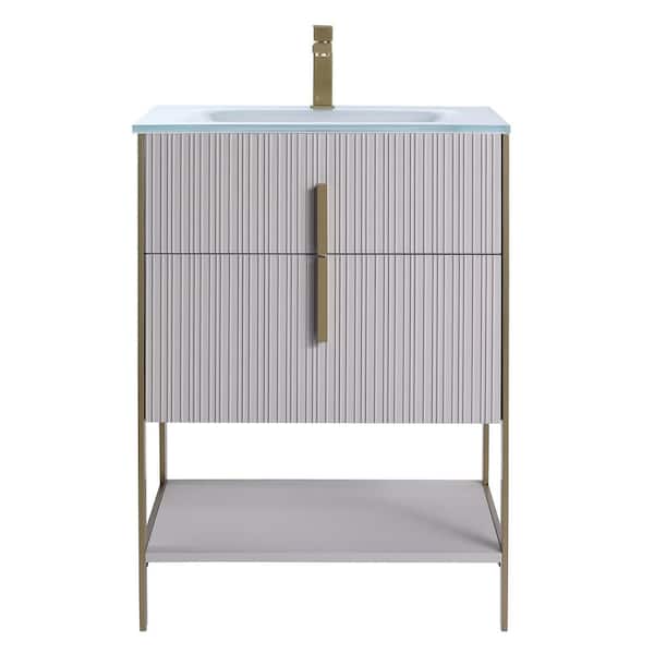 FINE FIXTURES 24 in. W x 18 in. D x 33.5 in H Bright Taupe Bath Vanity with White Glass Single Hole Top Sink with Satin Brass Hardware
