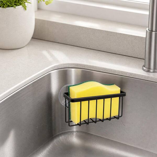 Numhew Stainless Steel Suction Kitchen Sink Sponge Holder in Black, Sink Organizer, Easy to Install, Sturdy and Stable