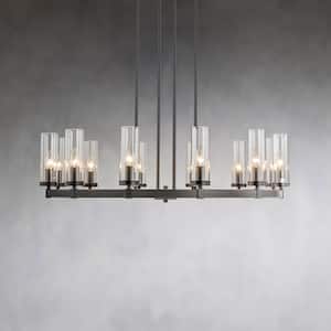 Damitri 12-Light Matte Black Industrial Vintage Wheel-Shape Chandelier with Cylindrical Candlestick Clear Glass Shade