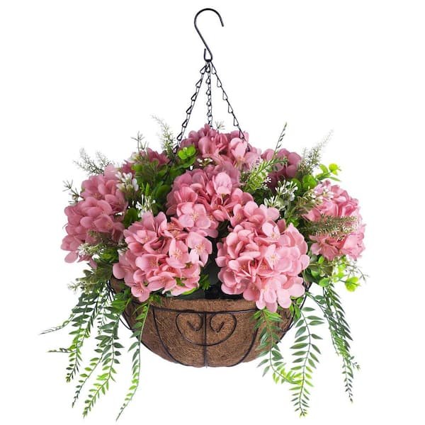 Unbranded 20 in.H Artificial Hanging Flowers in 12" Metal Coconut Lining Basket, Spring Summer Decoration Flowers, Pink