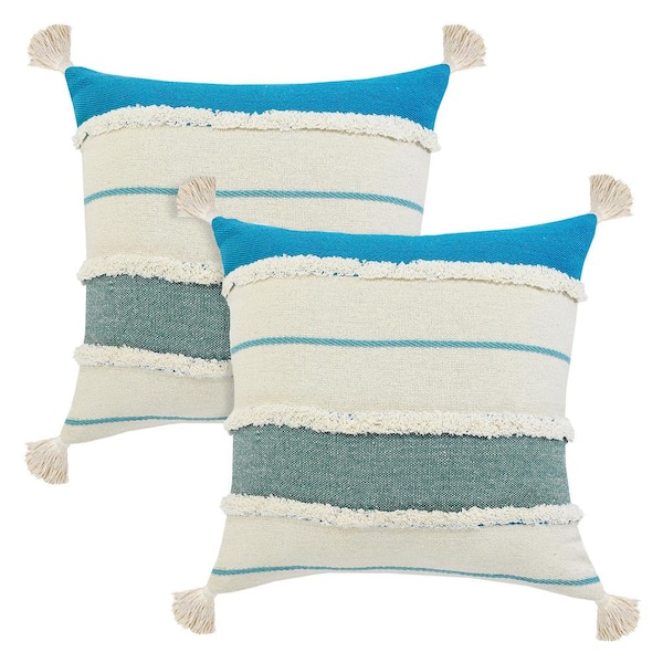 Unbranded Quarry Blue / Ivory Striped Tasseled Hand-Stitched 20 in. x 20 in. Indoor Throw Pillow Set of 2