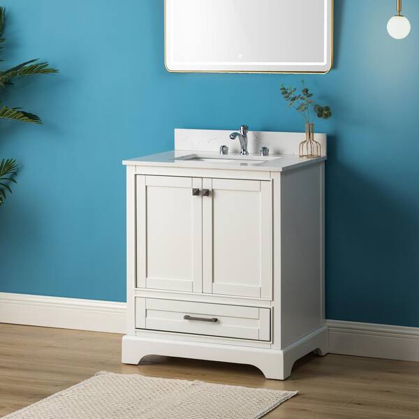 Aosspy Lawrence 30 in. W x 22 in. D x 35.6 in. H Freestanding Bath Vanity in White with White Cultured Marble Top