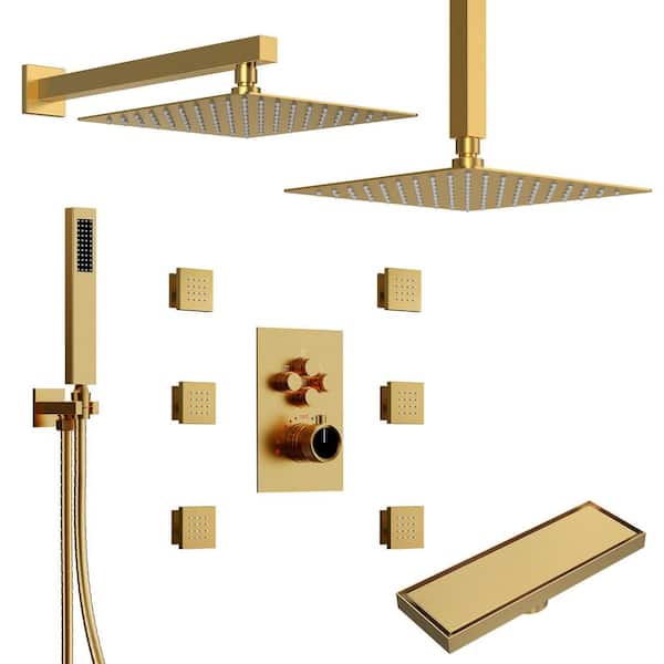 His and Hers Showers 15-Spray Square 12in. Thermostatic Multifunction Wall Bar Shower Kit in Brushed Gold Drain Included