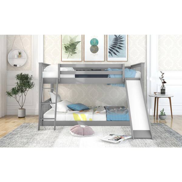 URTR Gray Full Over Full Bunk Bed with Convertible Slide and Ladder, Wooden  Low Bunk Bed Frame for Kids, Toddlers, Teens T-01370-E - The Home Depot