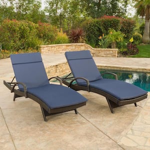 Multi-Brown 2-Piece Faux Rattan Outdoor Chaise Lounge Set with Navy Blue Cushions