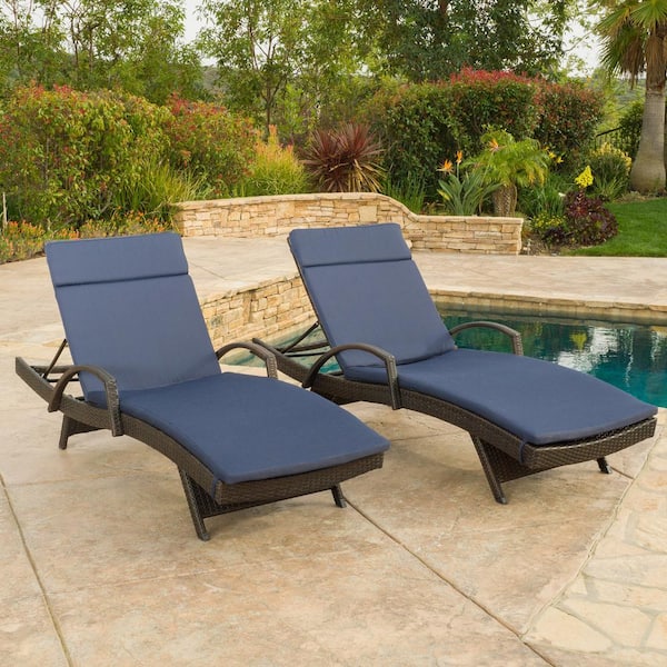 Noble House Multi-Brown 2-Piece Faux Rattan Outdoor Chaise Lounge Set with Navy Blue Cushions