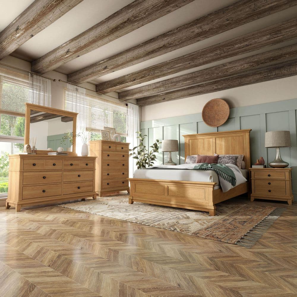 Zeller 6-Piece Natural Oak Wood Frame Full Panel Bedroom Set with Plank Headboard
