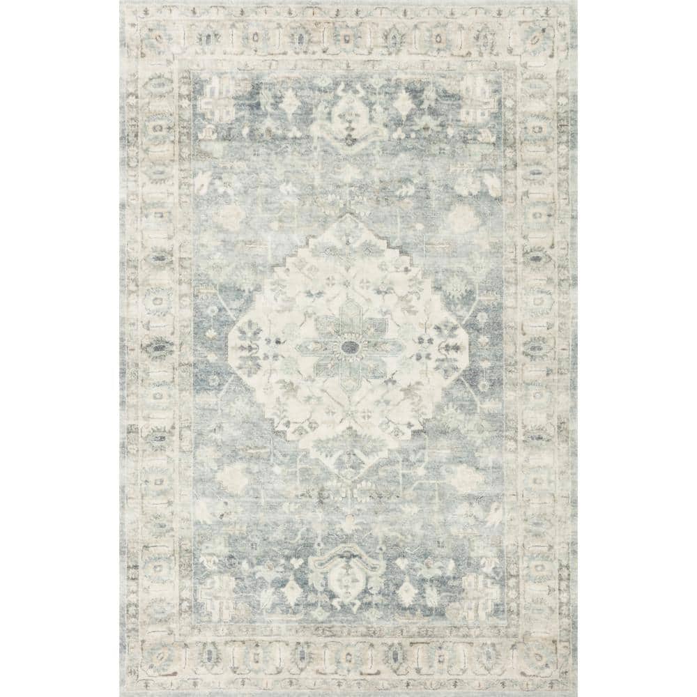 Denim Blue and Fog Gray High Pile Synthetic Area Rug