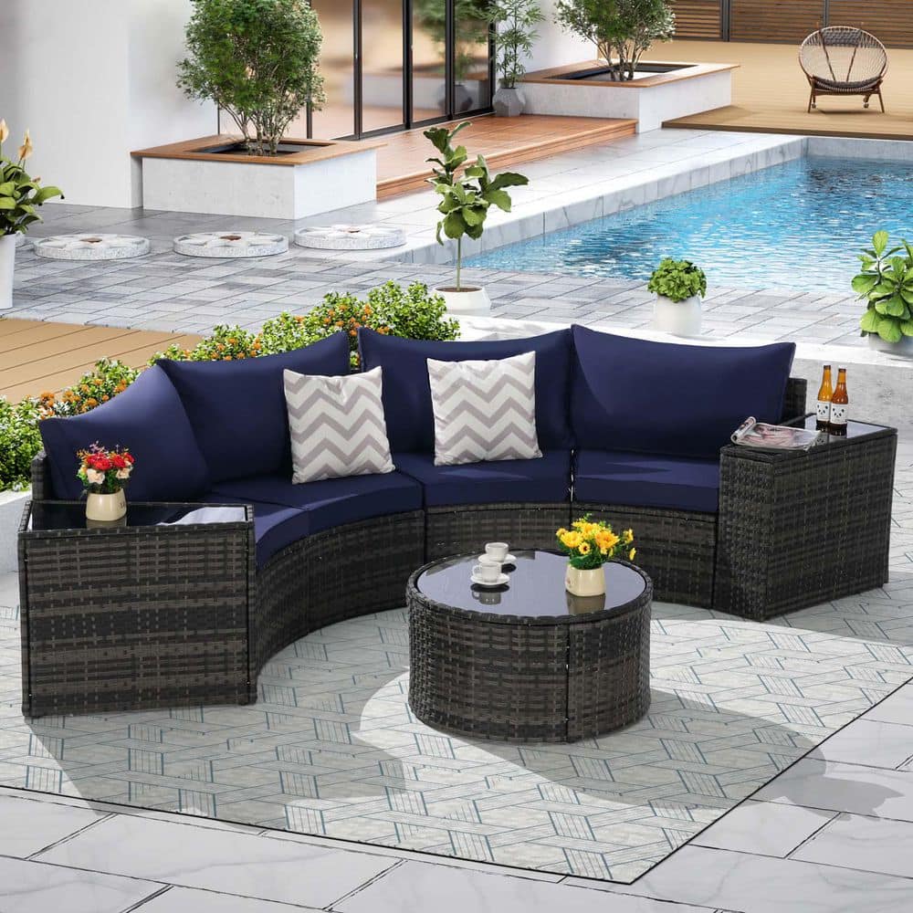 7Piece Wicker Outdoor Patio Sectional Sofa Set Curved Conversation Set with