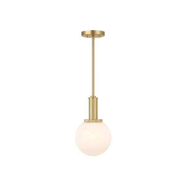 Savoy House Meridian 8 in. W x 13.25 in H 1-Light Natural Brass Modern Pendant Light with White Strie Glass Shade, No Bulb Included