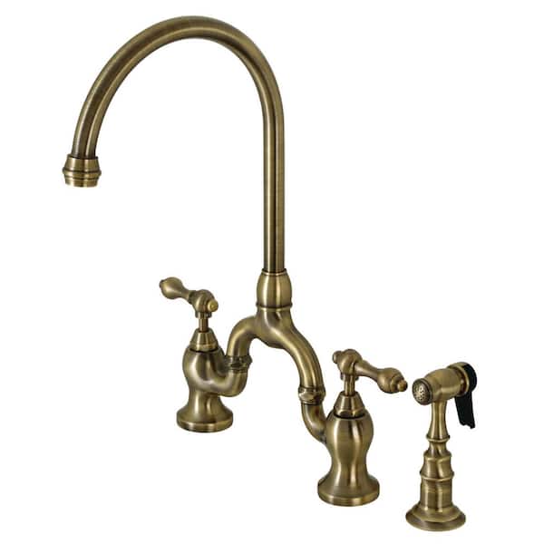Kingston Brass English Country Double-Handle Deck Mount Gooseneck Bridge Kitchen Faucet with Brass Sprayer in Antique Brass